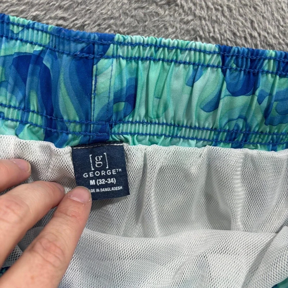George M Blue Green Abstract Swirl Print Swim Trunks Shorts Casual Beachwear‎